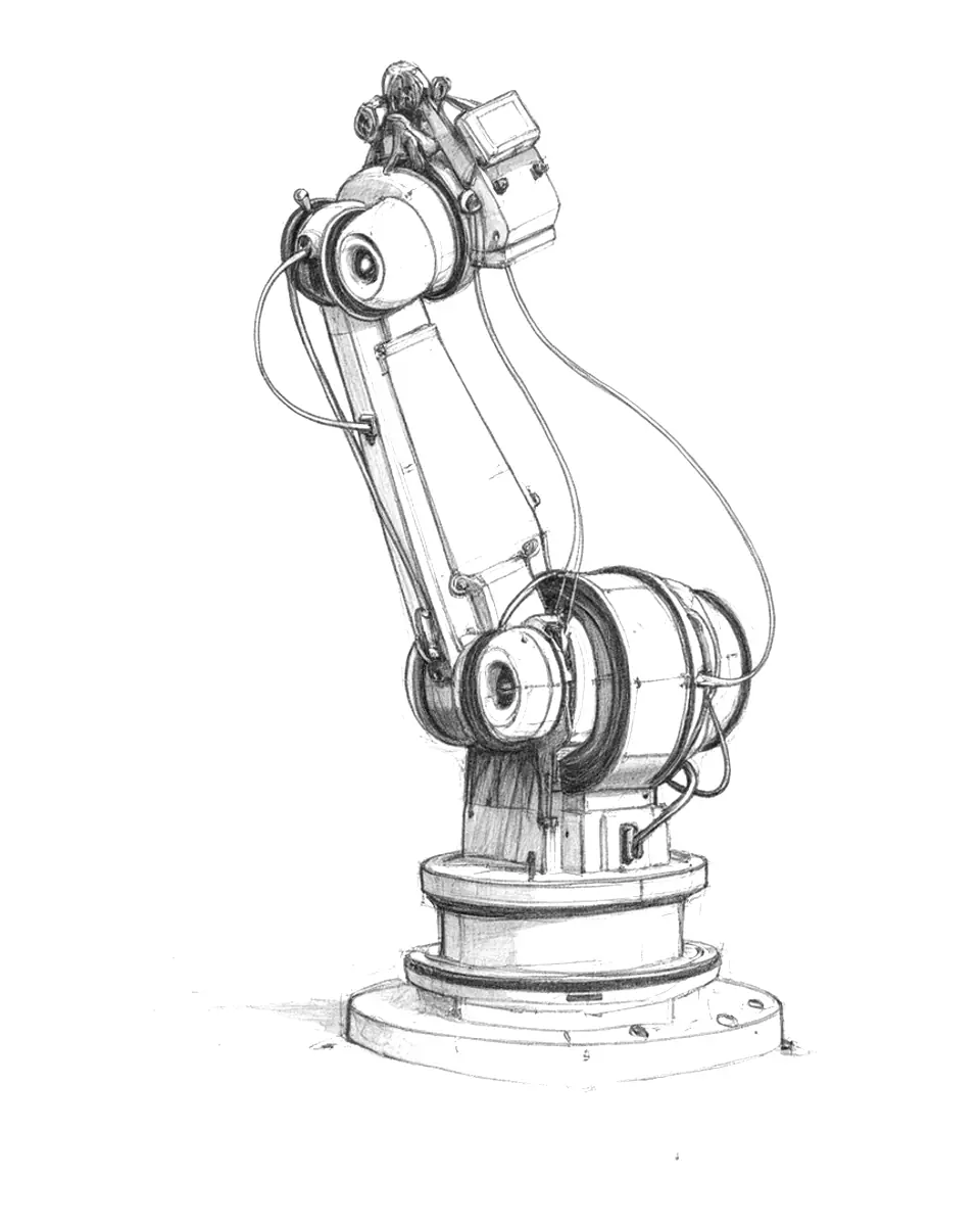 Eklemleri ve kablolarıyla ayrıntılı çizilmiş tek bir endüstriyel robot kolunun karakalem çizimi