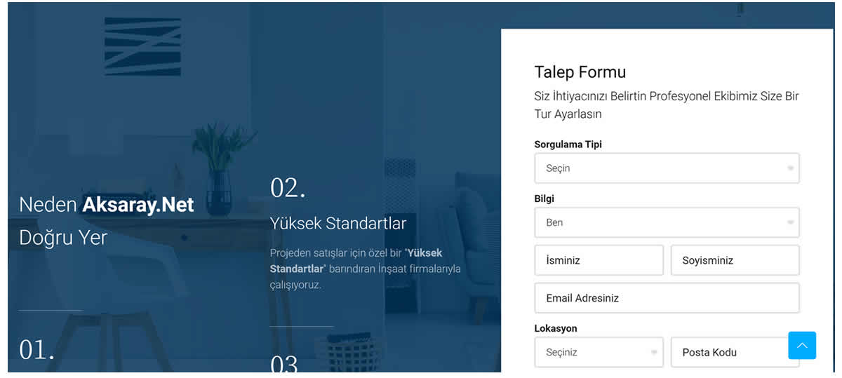 Talep formu bölümü: solda “Neden Aksaray.Net Doğru Yer” başlığı ve numaralı avantaj maddeleri, sağda sorgulama tipi, ad, soyad, e-posta, lokasyon ve posta kodu alanları olan form